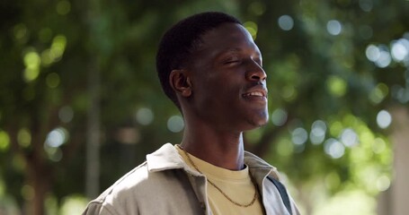 Man, relax and breathing outdoor for fresh air, mindfulness and stress management on college campus. Bokeh, black person and inhale in nature for university start, academic reflection and wellness.