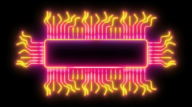 Neon Integrated Circuit Diagram Glow Animation, Futuristic Microchip Processor Outline with Multicolor Electric Traces, High-Tech PCB Electronics Visualization on Black Background