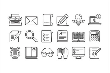 Writing and academic tools line icon set for publishing and education platforms