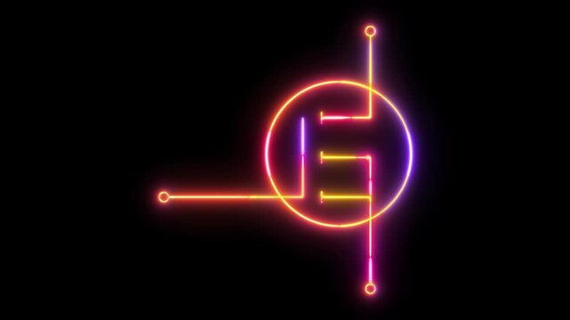 Neon MOSFET Symbol Glow Animation, Multicolor Electric Transistor Circuit Diagram Sign with Vibrant Light Stroke, Glowing Semiconductor Electronics Icon on Black Background for Tech, Engineering