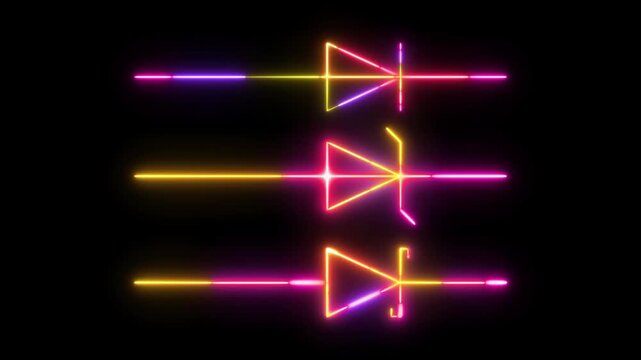 Neon Diode Types Symbol Glow Animation, Colorful Electric Semiconductor Rectifier Icons with Pulsing Neon Light Effects for Electronics Tutorials, Circuit Diagrams, Engineering Visuals, and Futuristic
