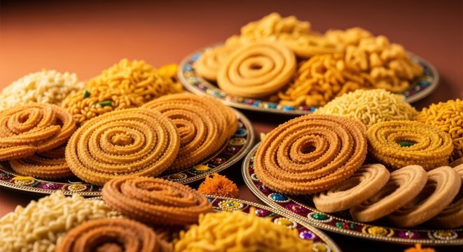 Festive arrangement of traditional Indian snacks for celebration and enjoyment