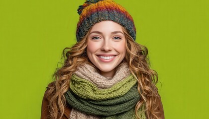 Smiling young woman wearing colorful knitted winter hat and matching scarf against bright green background