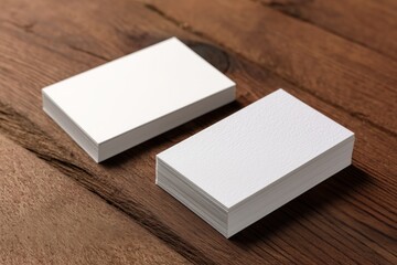 Fototapeta premium High Angle Stacked Business Card Mockup On Dark Wood Texture