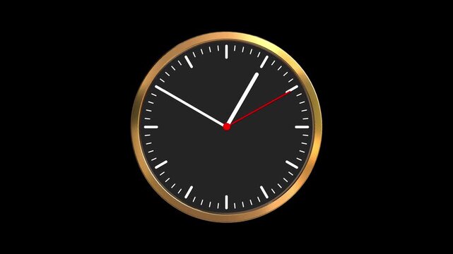 3D Wall Clock with Elegant Golden Frame and Smooth 12-Hour Rotation Animation on Black Background, High-Quality Timepiece Motion Graphic for Timelapse, Countdown, and Modern Video Editing