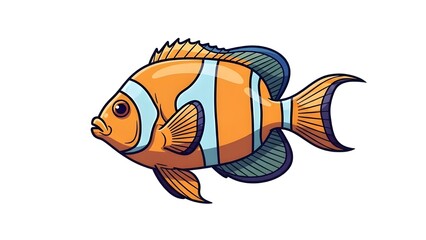 A vibrant cartoon illustration of an orange and white clownfish with blue and black fins, depicted swimming towards the left.