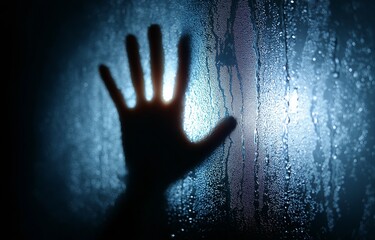 A human hand's eerie silhouette against opaque, textured glass