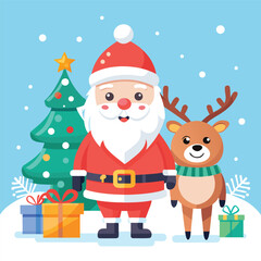 Cute kawaii christmas characters with gifts and snowflakes,   Adorable kawaii characters, including a marshmallow Santa and a round orange creature, celebrate Christmas with presents and falling snow.
