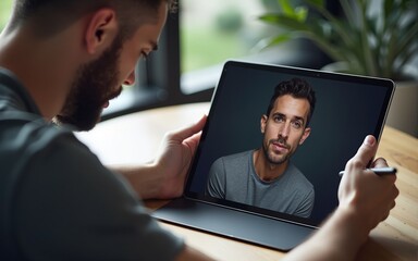 Man in gray shirt retouches image on laptop tablet. Professional editor uses stylus pen on graphics. Freelancer creates digital art on computer device. Portrait retouching process. High quality