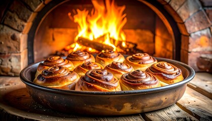 Fresh, glazed cinnamon rolls in a rustic pan, sitting on wood, with a warm, inviting brick oven blazing behind