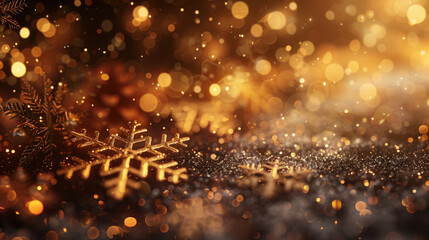 Christmas golden background with golden snowflakes and bokeh. Mockup for festive greeting card. Copy space.