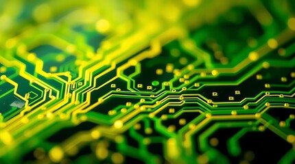 Ultra-realistic macro photograph of microscopic silicon pathways, highlighting the intricate nature of business technology, vibrant green and gold, shallow depth of field