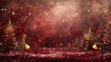 Festive red background with golden snowflakes, Christmas trees, Christmas tree decorations and bokeh. Mockup for greeting card, templat. Copy space
