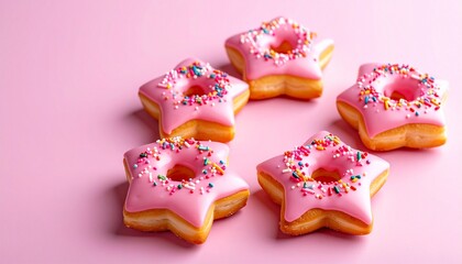 Star-shaped cookies with glossy pink icing and colorful sprinkles on light surface with festive accents