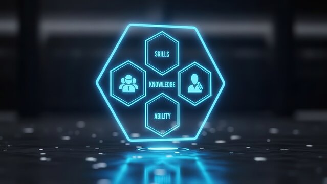 Floating hex badge with icons, Digital credential icon showcasing achievement and assessment marks