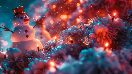 Cute Snowman against backdrop of snowy Christmas forest. Festive New Year's atmosphere. Mockup for greeting card. Copy space.