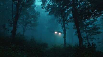Obraz premium Unidentified flying object with bright lights hovering in a thick forest at night with dense, low fog. Extraterrestrial encounter and horror concept.