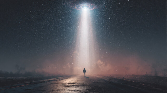 A neutral human silhouette on a deserted road facing a UFO with an abduction light beam under a starry night sky. Extraterrestrial encounter concept.
