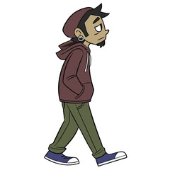 Fototapeta premium A cartoon illustration of a young man with a beard and hoodie walking with a pensive expression.