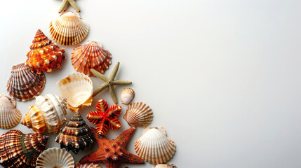 Christmas tree made of seashells on light background. Mockup for winter holiday designs, New Year greeting cards. Vintage style. Copy space.