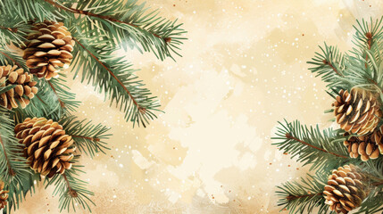 Vintage-style background with fir branches and cones. Mockup for Christmas greeting card. Copy space.