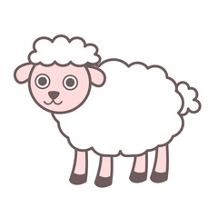 A sheep or lamb on white background.Cute Farm animal.Wool production.Flat design.Character or mascot.Childish and kids style.Sign, symbol, icon or logo isolated.Cartoon vector illustration.