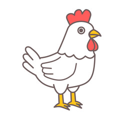 A white hen or chicken on white background.Сute farm animal.Funny and happy character.Chicken rooster face head mascot.Sign, symbol, icon and logo isolated.Flat design.Cartoon vector illustration.
