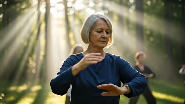 serene senior caucasian woman practicing tai chi in sunlit forest. group morning exercise for wellness and balance. concept of healthy aging and mindful living.