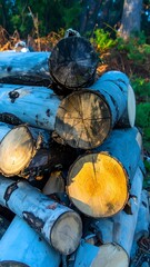 Stacked gray-blue logs in a forest