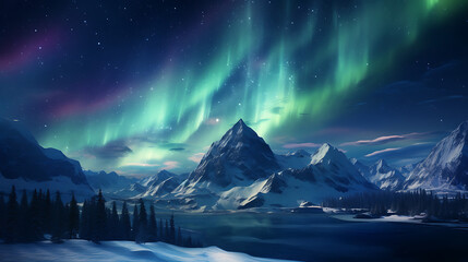 Stunning winter landscape with majestic snow-covered mountains, a calm frozen lake, dense pine forests and a vivid green aurora dancing across the starry night sky, creating a magical Arctic scene