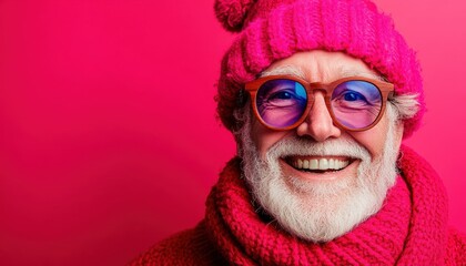 Joyful senior man wearing bright pink knitwear and wooden framed spectacles smiles widely against a vibrant background