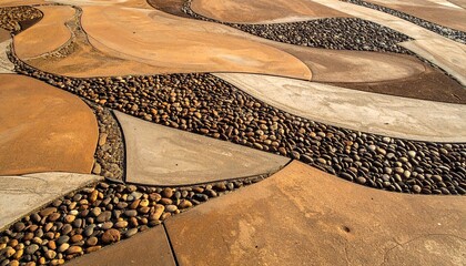 Radial mosaic of marbled triangular stone tiles with smooth pebbles in earthy tones