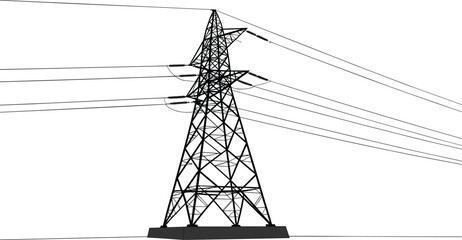 High voltage electricity transmission tower illustration, power line pylon, overhead cables, utility infrastructure, energy distribution concept design