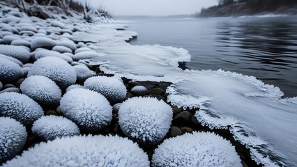 Frozen Riverbank With Frosty Stones