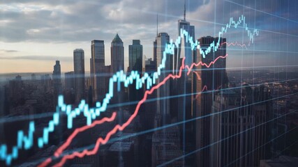 City skyline with financial stock market graphs overlaid in blue and red urban - Powered by Adobe