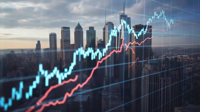 City skyline with financial stock market graphs overlaid in blue and red urban