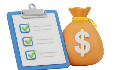 Financial planning and success concept with checklist and money bag illustration