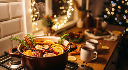 A pot of mulled wine simmering with rosemary, citrus and spices in a festive Christmas, New Year's kitchen. Cozy and fragrant holiday mood