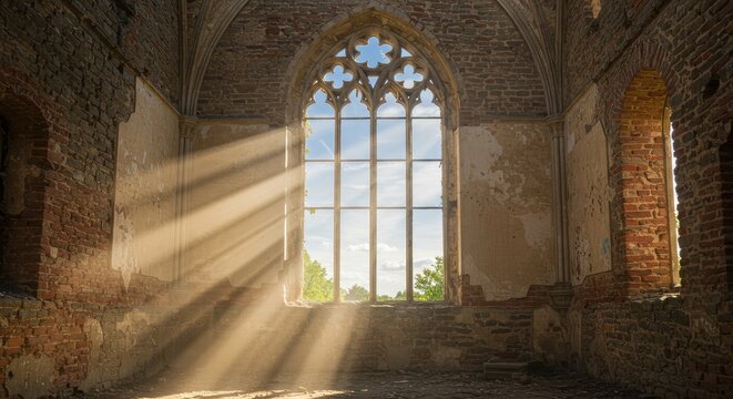 Sunlight streams through a stained-glass window in a crumbling, old church