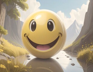 Smiling emoji in a serene landscape
