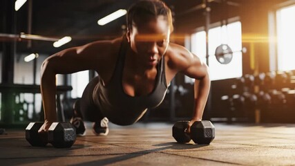 determined black woman doing push-ups on dumbbells in modern gym. strong athlete during intense workout. concept of fitness, strength, and motivation. young female crossfit