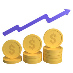 3D Dollar Coins with Rising Trend Line Showing Financial Growth