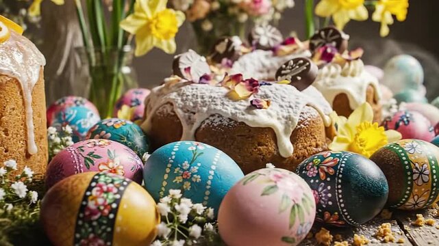 Festive Easter table with traditional cakes, beautifully decorated eggs, and vibrant spring daffodils, celebrating the holiday season.