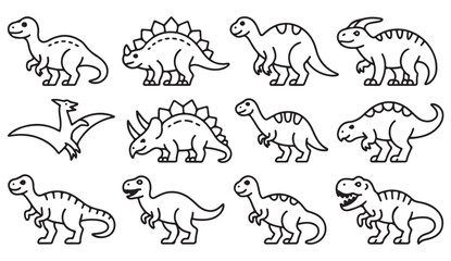 Cute line dinosaur character set including sauropods, theropods, armored species, and more