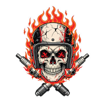 Skull Wearing Flaming Helmet with Crossed Weapons.