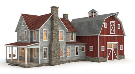 Charming Farmhouse and Red Barn on White Background.