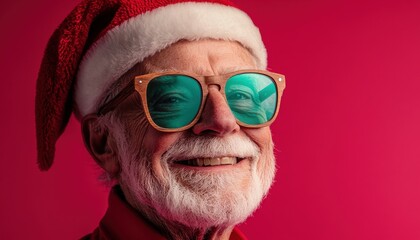 Cheerful older gentleman sporting a festive hat and stylish wooden-framed shades smiles against a vibrant background