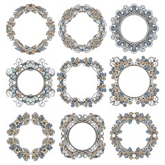 Obraz premium Nine ornate floral frames in muted shades of beige and blue, perfect for invitations, stationery, or graphic design projects.