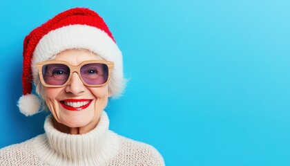 Joyful elderly woman wearing a festive hat and stylish eyeglasses smiles against a bright background