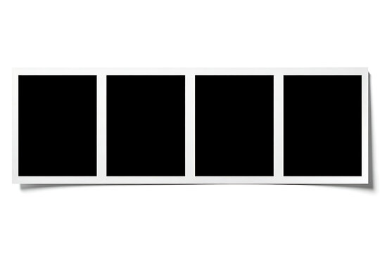 A horizontal photo booth strip template featuring empty black four slots separated by white frame, isolated on white background